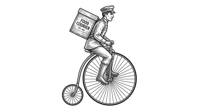 Vintage Food Courier Riding Penny Farthing Bicycle, Delivery Man Illustration