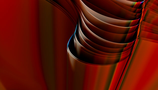 Abstract red metallic curved layers background with copy space