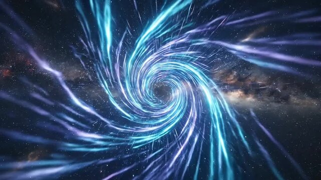 Dynamic visualization of a cosmic vortex with luminous energy trails swirling through space