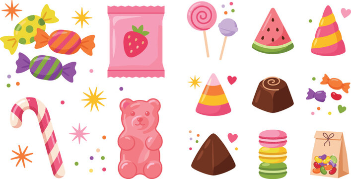 Cartoon colorful sweet candy and gummy bear vector asset collection