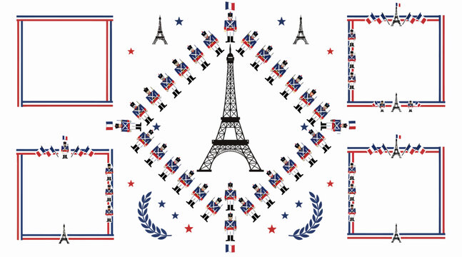 French patriotic design with Eiffel Tower, soldiers, flags and frames