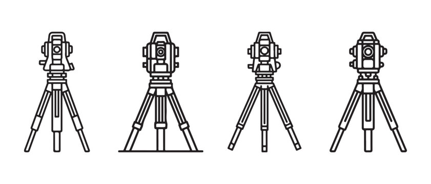 Surveying total station instruments on tripods set in a clean minimalist line art vector style.