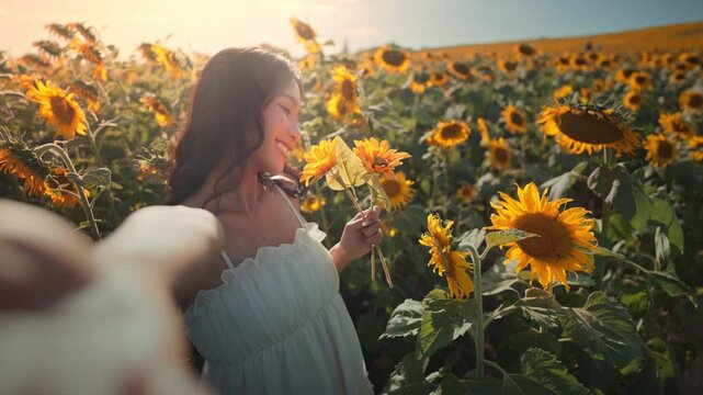 Happy Asian woman smiling and taking selfie in sunflower field, beautiful young female traveler holding yellow flowers during sunset holiday for summer vacation, travel tourism, agriculture