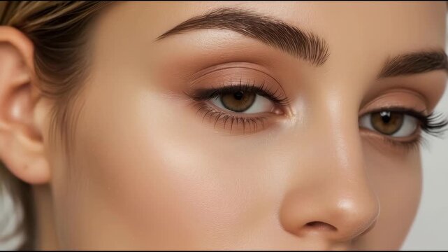 Young female close up eye makeup and groomed eyebrow with glowing skin natural brown eyelash close