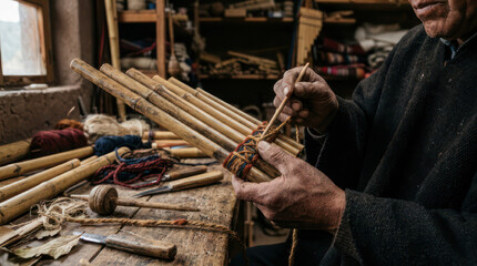 Naklejka premium Craftsman hands assembling a traditional bamboo pan flute instrument.