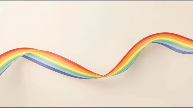 Rainbow ribbon wave flowing across soft beige background with joyful colorful flowing motion
