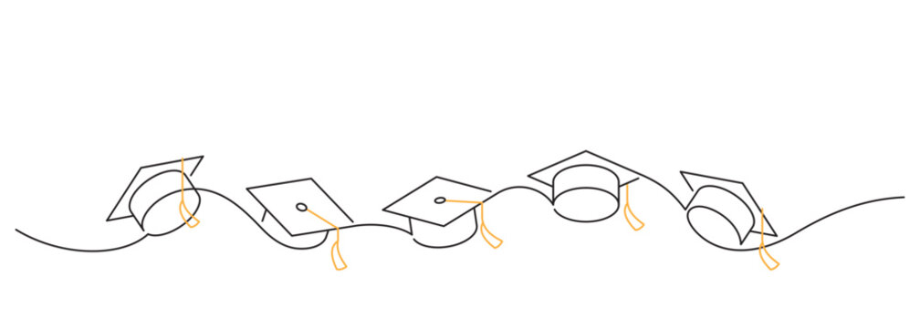 graduation cap throwing celebration single line illustration. graduate ceremony mortarboards icon symbol line art minimalism decoration background and footer design element