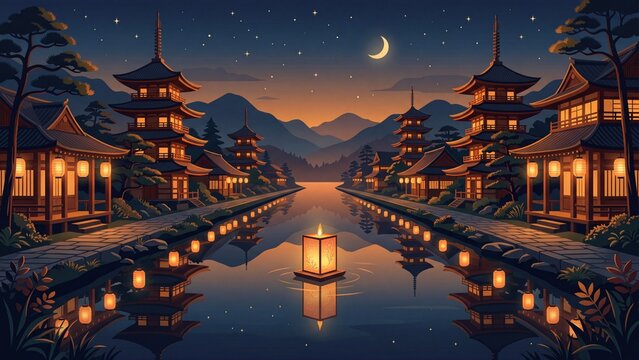 Traditional Japanese Village Night Scene with Floating Lanterns