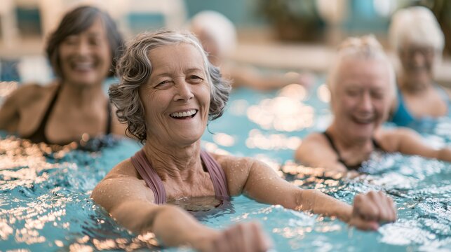 Elderly women participate in water exercise class at indoor pool during morning hours