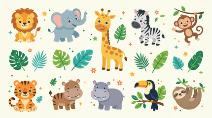 Obraz premium Safari Animals Collection, Cute Cartoon Wildlife Characters with Tropical Leaves for Children
