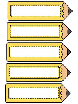 Set of five yellow pencil shaped name tags or labels