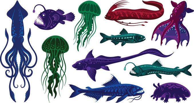 Deep Sea Creatures and Bioluminescent Marine Life Vector Icon Set Featuring Giant Squid Anglerfish Jellyfish Vampire Squid and Abyssal Fish Graphics