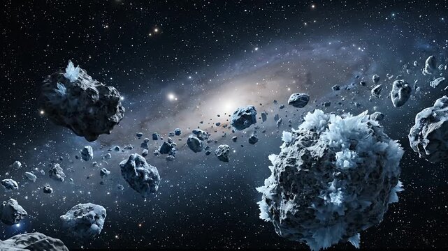 Dynamic asteroid field in deep space with nebula and starry background capturing cosmic debris motion