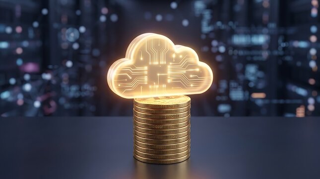 Glowing cloud computing with circuit patterns resting on stack of golden coins abstract concept of cloud storage financial technology