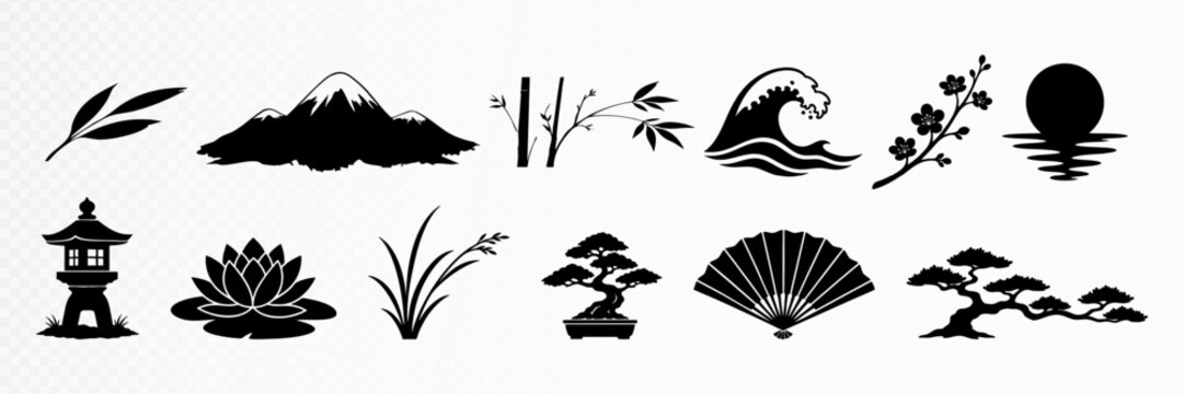 Hand drawn oriental landscape doodle elements with mountains, waves, fan, lantern and nature symbols for stationery, planner pages and creative clipart projects. Vector illustration.