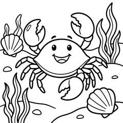 Obraz premium Cute crab coloring page under sea with seashells and seaweed cartoon. simple cartoon Coloring Page for kids