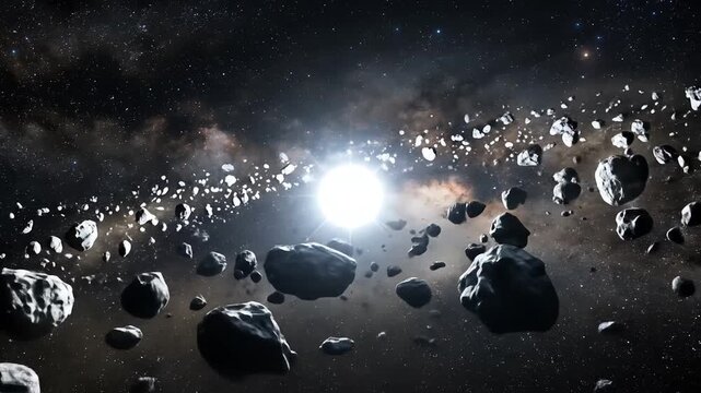 Dynamic depiction of an asteroid belt with a luminous star illuminating space debris and cosmic dust in a vast galaxy scene