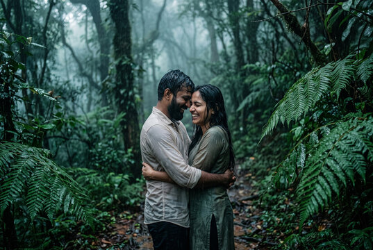 Happy Indian couple enjoying monsoon rain in tropical rainforest