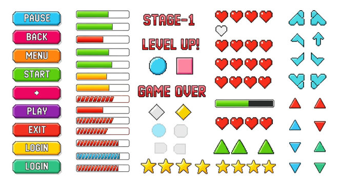 Retro pixel art game UI kit, colorful 8-bit video game interface elements, arcade style buttons and progress bars, gaming user interface vector set