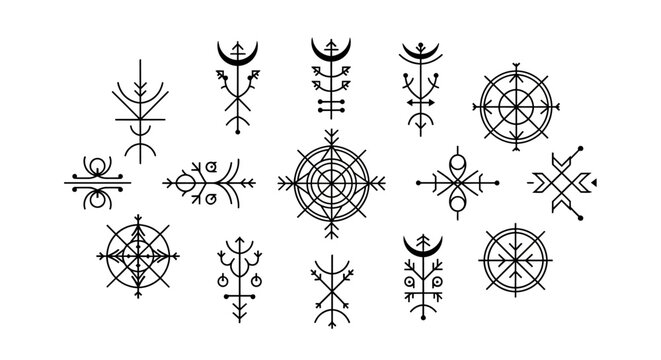 Set of mystical esoteric symbols. Minimalist spiritual pagan vector icons for magic, runic, alchemy, and tattoo designs.