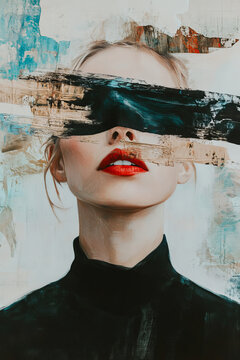 Modern abstract portrait of stylish woman with futuristic visor sunglasses and red lips