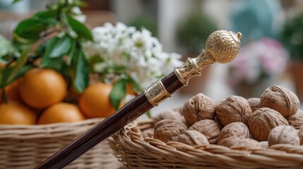 Elegant gold-handled walking cane with oranges and walnuts in rustic basket. St. Nicholas Day