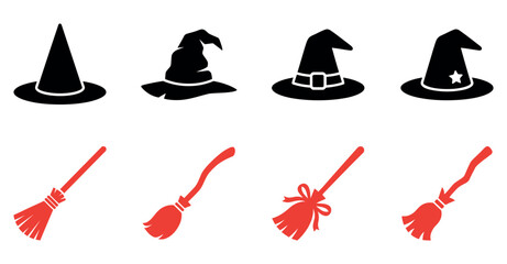 Set of black witch hats and red magic broomsticks for halloween celebration or fantasy design projects Vector, illustration © Sumon Sorkar