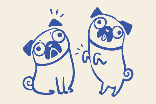 Pug Dog Pair Naive Doodle Vector Illustration