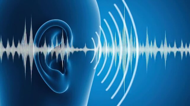 A person hears sound waves through their ear in a digital environment