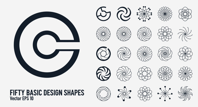 Minimalist geometric logo elements, fifty basic design shapes vector set, circular abstract icons for branding and corporate identity
