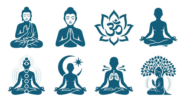 Zen meditation icons set, 8 spiritual yoga vector symbols, teal blue buddha and lotus flower elements, mindfulness and chakra wellness graphics