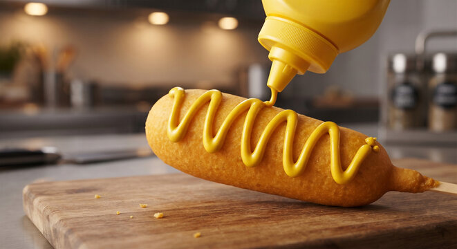 A dynamic action shot of a bright-yellow mustard bottle applying a clean, precise, continuous zigzag pattern across the entire length of a corn dog. 