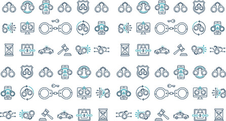 Mega Bundle of Law Enforcement Justice and Cyber Security Vector Icons Featuring Handcuffs Police Cars and Judge Gavels in Flat Dark Blue Outline Style for Legal Portals © Mst Rebeka