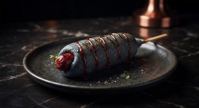 A sophisticated product photograph for a high-end gastropub. A single, artisan corn dog featuring a premium, smoked kielbasa sausage and a blue-corn-and-honey batter, served on a dark, 