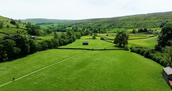 Aerial shot of wildflower meadows in Yorkshire Dales
