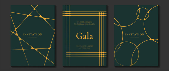 Fototapeta premium Luxury gala invitation card template vector set. Dark green and gold geometric line cover designs for premium event, party, wedding, ceremony and elegant branding