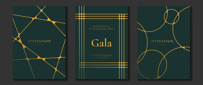 Luxury gala invitation card template vector set. Dark green and gold geometric line cover designs for premium event, party, wedding, ceremony and elegant branding