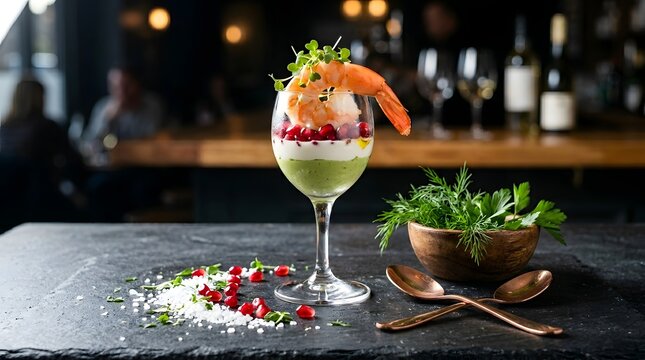 Gourmet shrimp cocktail appetizer in wine glass, elegant seafood starter with avocado mousse and pomegranate, fine dining restaurant culinary plating