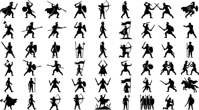 Ancient warrior silhouette icons set featuring medieval knights, spartan soldiers, roman gladiators with swords, shields, spears, and archery bows.