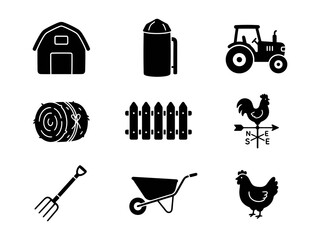 Set of black farm and agriculture icons featuring a barn tractor rooster fence and tools © alien AZ