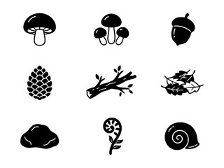 Set of black forest icons featuring mushrooms acorn pinecone wood leaves fern and shell shapes © alien AZ