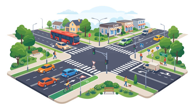 Busy suburban intersection with cars, bus, people and shops