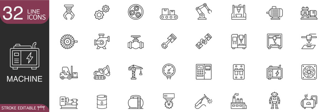 Industrial machine line icon set containing vector symbols of factory equipment, mechanical parts, heavy machinery, and engineering tools with editable stroke