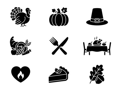 Set of black thanksgiving holiday icons featuring turkey pumpkin dinner and autumn harvest symbols