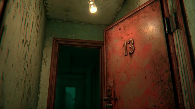 Creepy rusted door number 13 in a dark hallway apartment. 4K Video