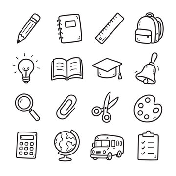 Hand drawn black outline school supplies icon set with pencil, notebook, ruler, backpack, book, bell, scissors, palette, calculator, globe, bus and checklist.