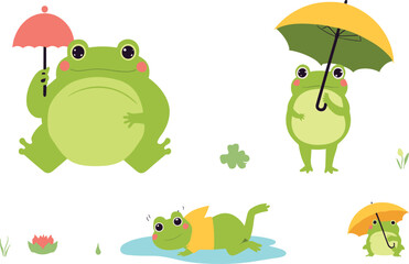 Naklejka premium Cute Green Frog Character Vector Set Featuring Adorable Toads Holding Umbrellas Swimming in Puddle and Sitting Near Water Lily Elements