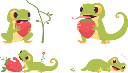 Fototapeta premium Cute Green Gecko Lizard Vector Character Set Featuring Adorable Reptiles Eating Red Strawberry Fruits and Crawling Near Vine Elements