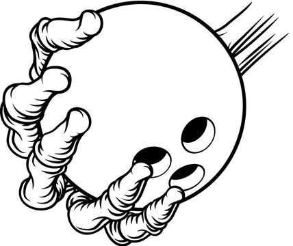 A grim reaper or death skeleton sports team or Halloween event mascot hand holding a bowling ball