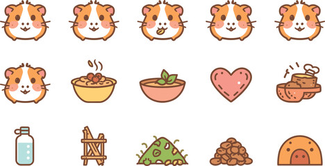 Fototapeta premium Cute Guinea Pig Icon Set Featuring Adorable Rodent Avatars Feeding Bowls Water Bottle Pellets and Hay Pet Care Supply Vector Elements